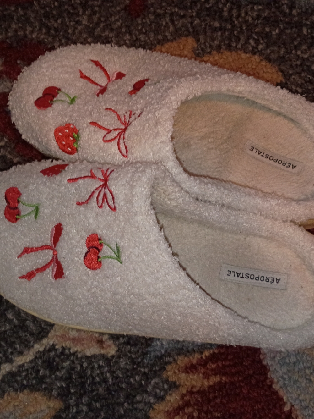 Aeropostale Cream Slip-On Slippers with Red Cherry & Strawberry Embroidery